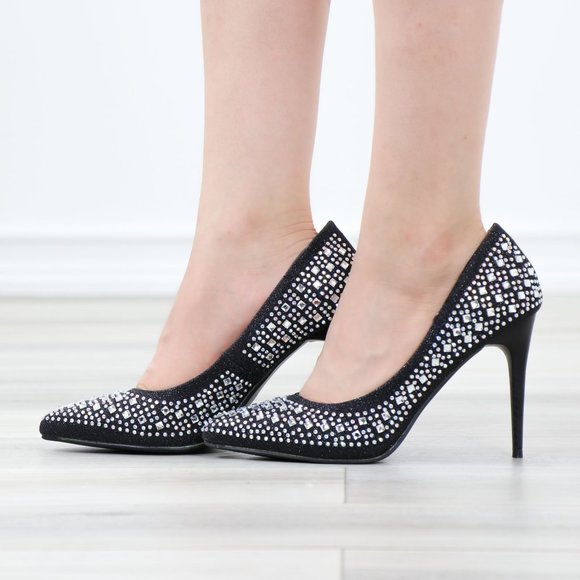 Sparkly Diamond Rhinestone Glitter  Black Pointy Toe Needle High Heel Stiletto - Picture 13 of 15